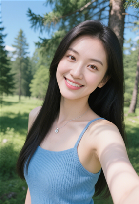 夏日森系蓝色针织吊带衫美女图片